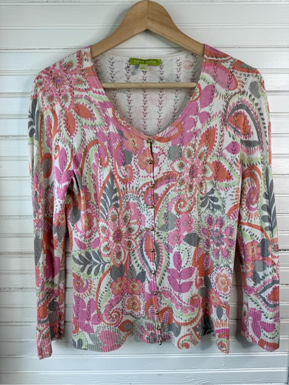 Early 2000s Sigrid Olsen 100% Silk Floral Paisley Knit Cardigan